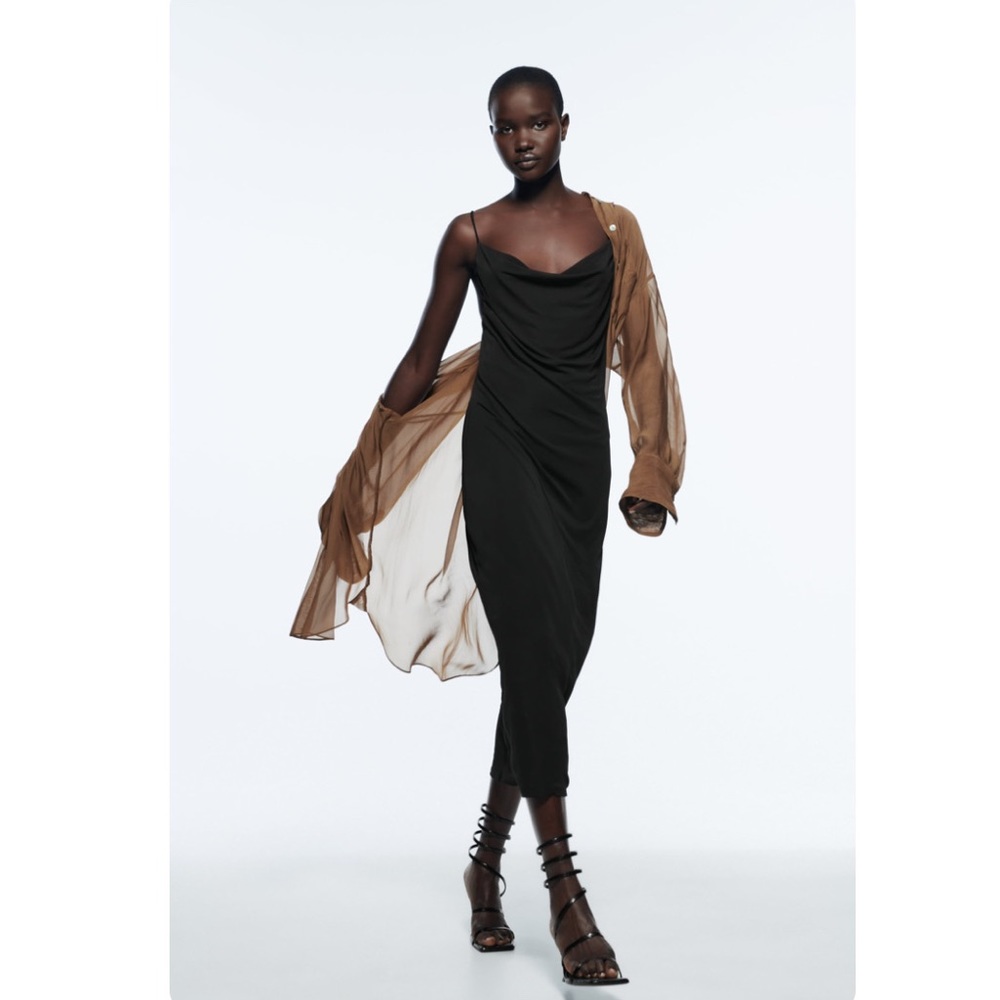 NWT Zara Black Satin Midi Dress Cowl Neck Spaghetti - Size Small